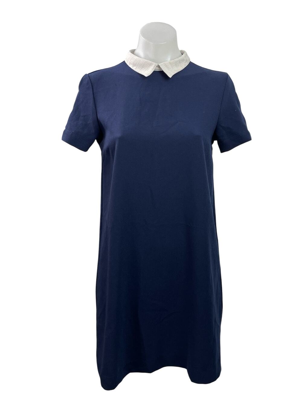 Zara Women's Navy Blue Short Sleeve Collared Polo Zip Shift Mini Dress Size XS